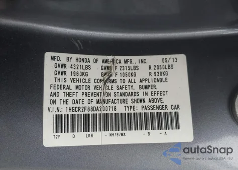 2013 Honda Accord Ex-L из США, поврежденный, VIN 1HGCR2F88DA200718